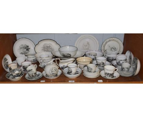 A quantity of 18th / 19th century transfer printed ceramics including tea cups and saucers, plates, bowls, jugs, etc
