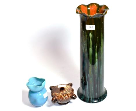 A Linthorpe pottery vase, with wavy rim, green glaze, impressed LINTHORPE 2182, 45.5cm; a Linthorpe pottery vase, with four l