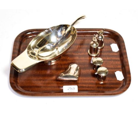 A salt and pepperette, by Christofle; together with a paperweight and a sauce boat &amp; ladle, and another pair of pepperett