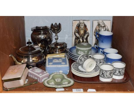 A collection of silver plate and ceramics including: Wedgewood boxes and covers; a part coffee set; four Royal Copenhagen Chr