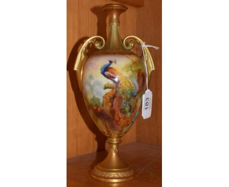 Jack Southall for Royal Worcester, a hand-painted blush ground twin handled vase, signed, pedestal base