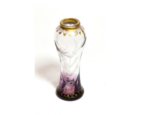 An Art Nouveau Moser glass vase, cut with a lily, clear and amethyst glass with gilt decoration, engraved D269, 21cm
