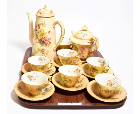 Royal Worcester blush ivory tea and coffee wares, including; coffee pot, tea pot, sugar bowl and six cups and saucers