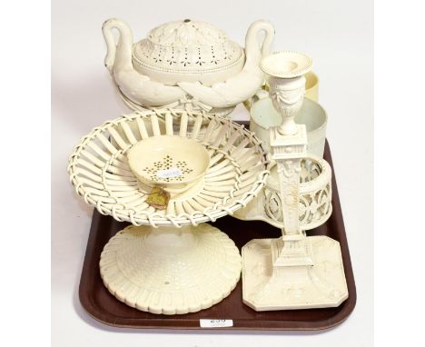 Assorted cream wares, 19th/20th century, including Leeds reticulated lidded tureen, with twin swan neck handles; Burmantoft's