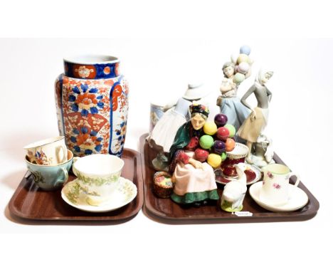 A group of ceramics including a Japanese Imari vase, Lladro and Nao figures, Royal Doulton etc (two trays) 