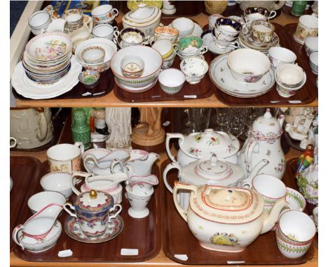 Five trays of 18th and 19th century mostly English porcelain including New Hall, Spode and other, tea pots, coffee pot, tea c