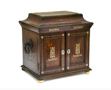 A Victorian Rosewood and Marquetry Work Box, the caddy top with foliate decoration and gadrooned edges over a fitted interior