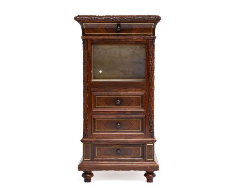 A French Kingwood and Brass-inlaid Bedside Commode, late 19th century, in Louis XVI style, the Saint-Berthevin marble top abo