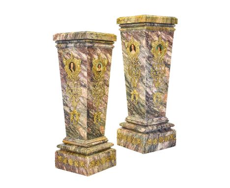 A Pair of 20th Century Variegated Pink Marble and Gilt Metal Mounted Pedestals, in Louis XV style, of graduated square form w