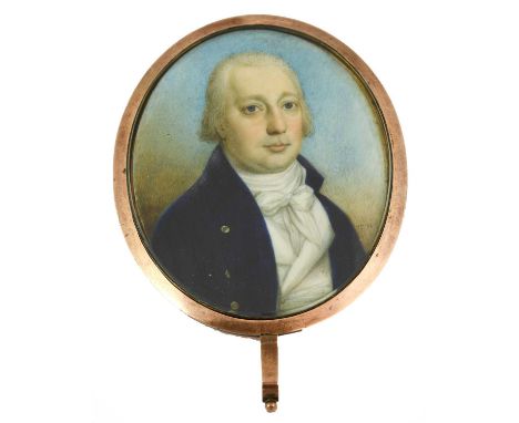 Thomas Hazlehurst (c.1740-1821): Miniature Bust Portrait of a Gentleman, wearing a white stock and waistcoat and blue jacket,