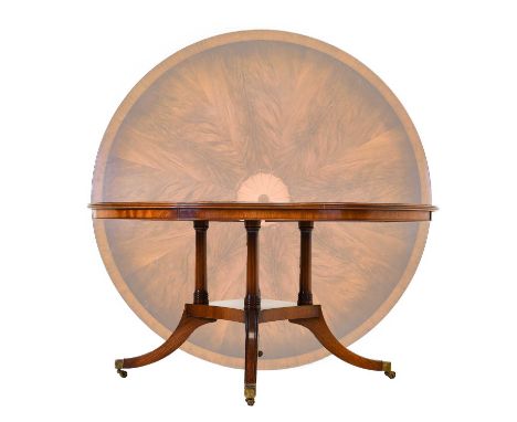 A Reproduction Mahogany, Marquetry Inlaid and Walnut Crossbanded Circular Dining Table, modern, with reeded edge and plain fr