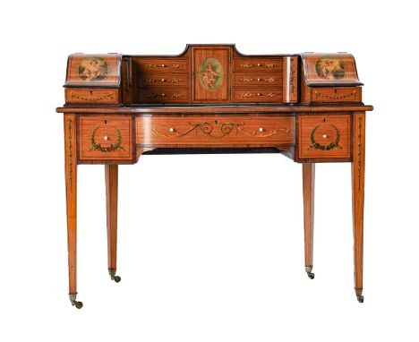 A Satinwood and Polychrome Painted Carlton House Style Desk, in Neo-Classical style, richly decorated with oval portraits, fl