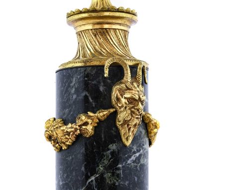 A Gilt Metal Mounted Marble Lamp Base, in Louis XVI style, of baluster form with Bacchus mask handles hung with swags, on a f