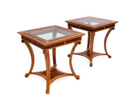 Neal Jones: A Pair of Contemporary Burr Walnut and Ebonsied Glass-Top Lamp Tables, of square form with plate-glass tops, on C