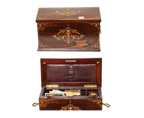 {} A Victorian Rosewood and Floral Marquetry Inlaid Correspondence Box, circa 1870, bearing registration number 173388, the f