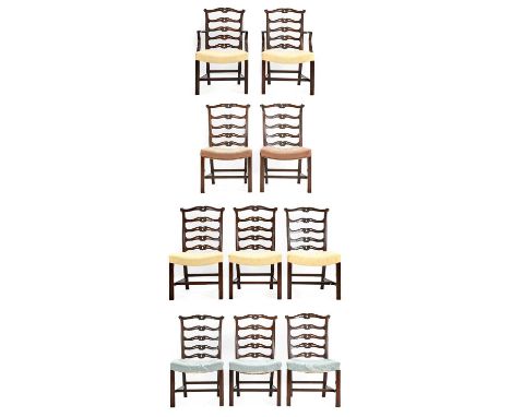 A Set of Ten (8+2) George III-Style Carved Mahogany Ladder-Back Dining Chairs, early 20th century, covered in different fabri
