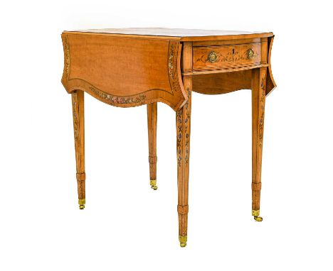 A George III Style Satinwood and Polychrome Painted Butterfly Pembroke Table, late 19th century, decorated with flowers and a