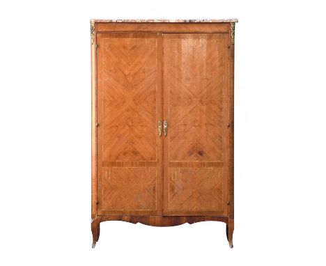 A French Louis XV-Style Kingwood and Tulipwood-Banded Cabinet, late 19th century, the original Saint-Brethevin marble top abo