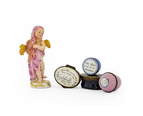 A South Staffordshire Enamel Nutmeg Grater and Cover, circa 1770, of egg shape, inscribed Esteem the Giver on a mottled pink 