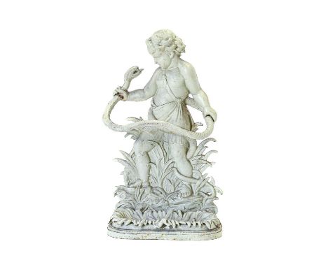 A Victorian Cast Iron Stick Stand, 3rd quarter 19th century, repainted green, modelled as a young Hercules holding a serpent 