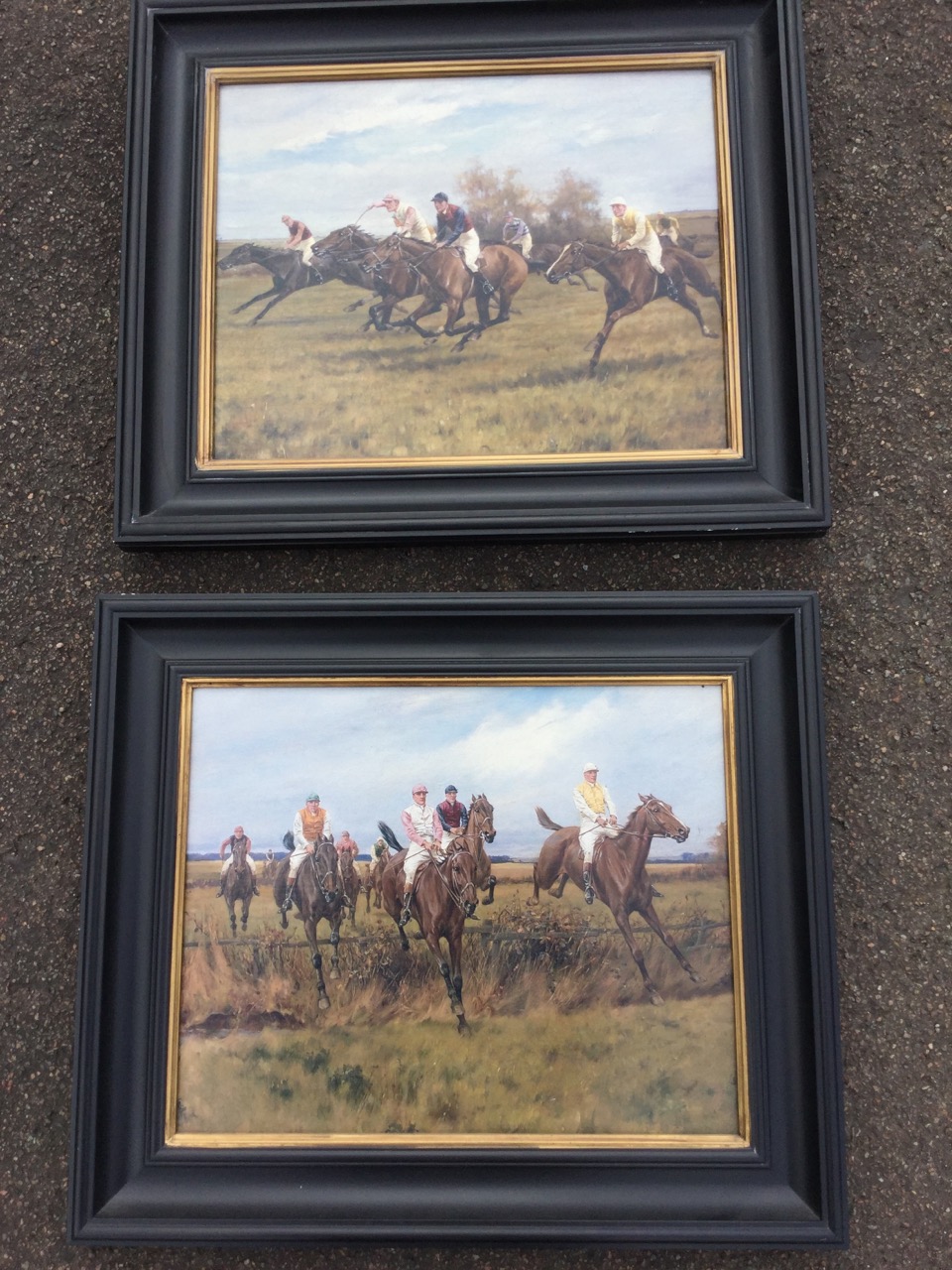 Oleographs on canvas, a pair, steeplechasing prints by