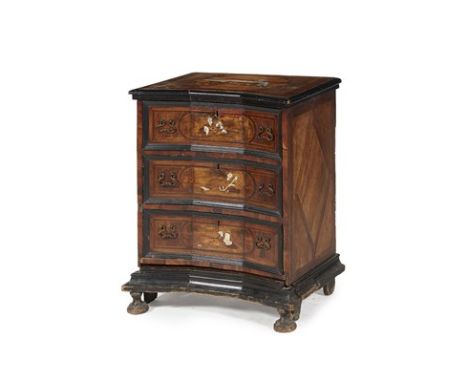 ITALIAN WALNUT, CHESTNUT, BONE AND EBONISED PRIE DIEU CHEST OF DRAWERS LATE 18TH CENTURY the banded shaped rectangular top wi