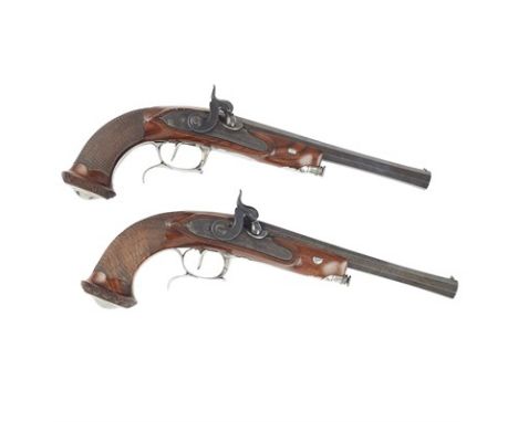 Y ROSEWOOD CASED PAIR OF FRENCH TARGET PISTOLS, BRUNEEL À LYON FIRST HALF 19TH CENTURY signed on the lock plates PAR. BREVET 