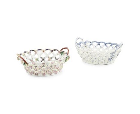 TWO WORCESTER PORCELAIN CHESTNUT BASKETS 18TH CENTURY each of typical form with open lattice sides and applied flower heads, 