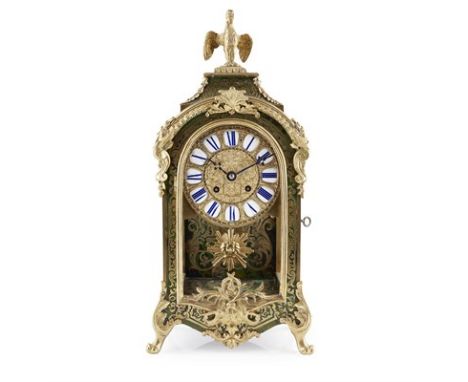 Y FRENCH GREEN BOULLE MARQUETRY BRACKET CLOCK 19TH CENTURY in the Louis XIV style, the arch top with a cockerel finial, above