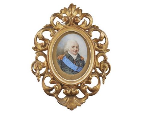 Y PORTRAIT MINIATURE OF LOUIS XVIII 19TH CENTURY watercolour on oval ivory, in a Florentine-style giltwood frame, 7cm high; t
