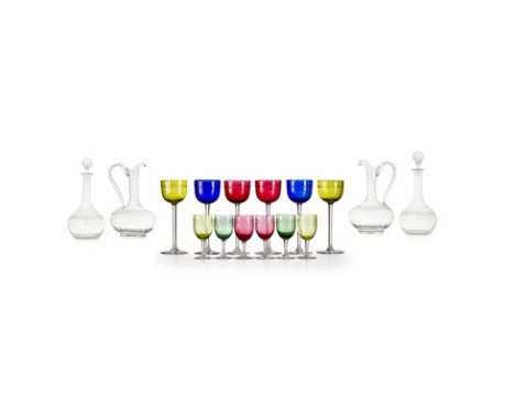 ASSEMBLED SUITE OF ST. LOUIS COLOURED GLASS 20TH CENTURY comprising a set of wine glasses with Greek key bands, 19cm high, in