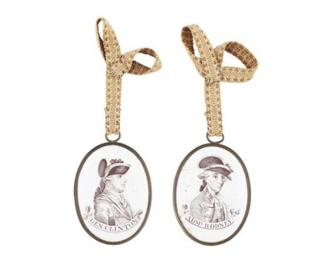 TWO LIVERPOOL ENAMEL PORTRAIT PLAQUES LATE 18TH CENTURY both oval, with puce transfer printed portraits and inscriptions for 