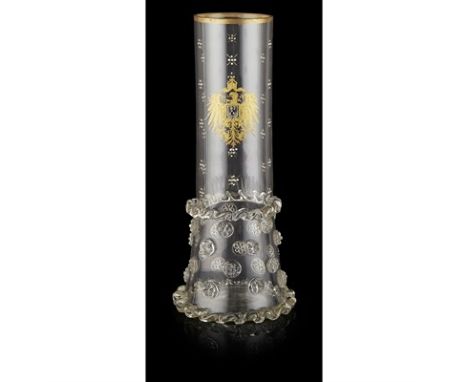 GERMAN EMPIRE GILDED AND ENAMEL VASE LATE 19TH/ EARLY 20TH CENTURY the cylindrical neck spreading to a prunt-covered base, wi