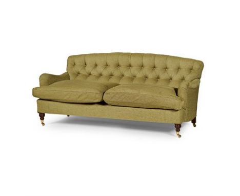 PAIR OF SOFAS, BY HOWARD CHAIR COMPANY MODERN with button upholstered hump backs and low scroll arms above loose cushion seat