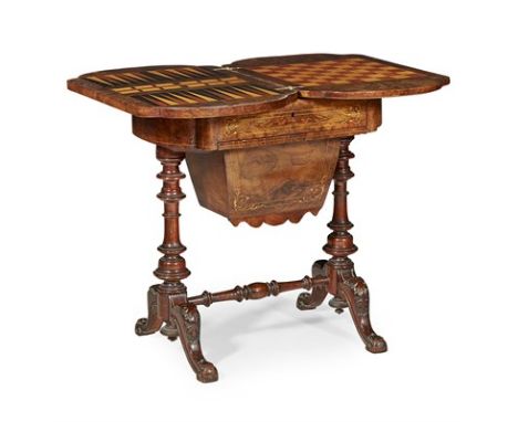 VICTORIAN WALNUT AND INLAY WORK/ GAMES TABLE MID 19TH CENTURY the fold-over shaped oval top opening to inlaid draughts, backg