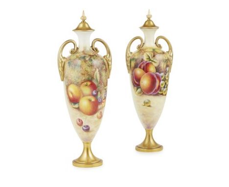 PAIR OF ROYAL WORCESTER COVERED VASES, SIGNED H. AYRTON AND J. SMITH SECOND HALF 20TH CENTURY with pointed finials and domed 