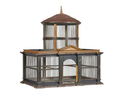 VICTORIAN PAINTED ARCHITECTURAL BIRD CAGE 19TH CENTURY in the form of a Palladian villa with a central cupola with shingle ro