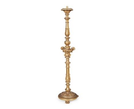 VICTORIAN GILTWOOD STANDARD LAMP 19TH CENTURY with turned carved column on circular base with three scrolled feet(155cm high)