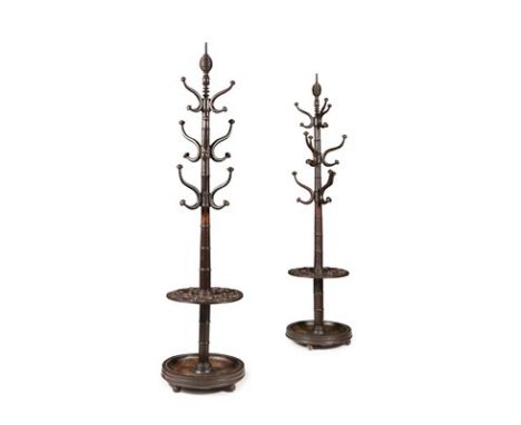 PAIR OF GEORGE IV STAINED MAHOGANY AND OAK HALL STANDS SECOND QUARTER 19TH CENTURY each with a central ring-turned shaft with