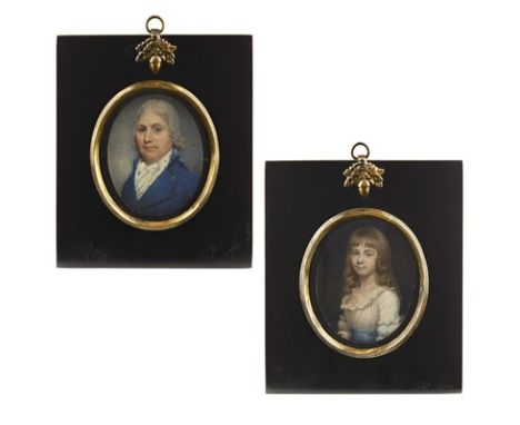 Y ENGLISH SCHOOL, LATE 18TH/ EARLY 19TH CENTURY TWO PORTRAIT MINIATURES oval, watercolour on ivory, the first of girl in an E