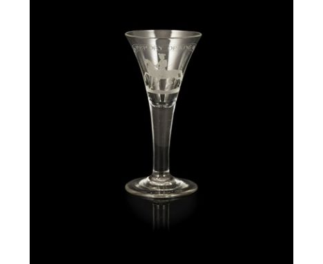 WILLIAMITE ENGRAVED WINE GLASS MID 18TH CENTURY the flared bowl wheel-engraved with inscription 'THE GLORIOUS MEMORY OF KING 