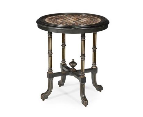 VICTORIAN SPECIMEN MARBLE, EBONISED AND GILT CENTRE TABLE 19TH CENTURY the circular top inlaid with various hardstones to for