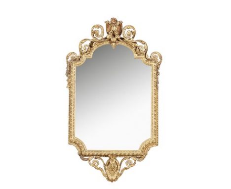 SCANDINAVIAN GILTWOOD MIRROR 19TH CENTURY the shaped mirror plate with foliate scroll cresting and central cartouche and sunf