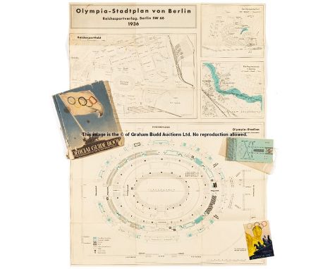 Berlin 1936 Olympic Games Official Guide Book, wear apparent with front cover torn from spine; sold together with a pass-tick