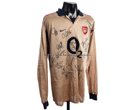 Sol Campbell team-signed Arsenal FC gold No.23 third choice jersey, season 2002-03,18 signatures in black marker pen, match i