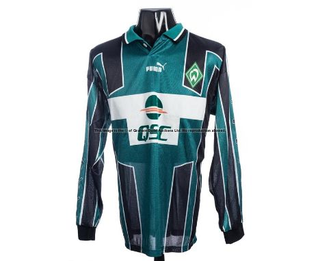 Andree Wiedener green & black striped Werder Bremen No.13 jersey from the UEFA Cup quarter-final ties 16th & 23rd March 2000,