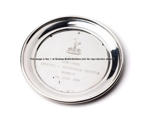 Commemorative silvered tray presented to Terry Venables at the Arsenal v Tottenham 1993 FA Cup semi-final, of circular form e