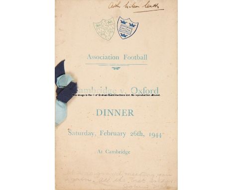 Multi-signed Cambridge v Oxford F.A. Dinner menu, 26th February 1944, from the dinner staged at Cambridge, a folded card menu