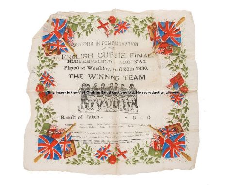 Souvenir of the Arsenal 1930 F.A. Cup Final winning team in the form of a paper napkin,crepe paper, colour borders incorporat