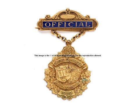 Oxford & Cambridge v Hamilton Olympic Club official accreditation badge 1929,  gilt metal badge, obverse engraved with Univer